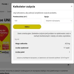 Kalkulator zużycia kleju do siatki na m2 pokazuje, że na 100 m² potrzeba 425 kg produktu, czyli 17 opakowań.