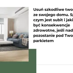 Nowoczesny salon z kanapą i stolikiem. Tekst ostrzega przed szkodliwym subitem pod parkietem.