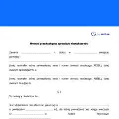 Umowa przedwstępna sprzedaży nieruchomości z zadatkiem. Dokument zawiera dane sprzedającego i kupującego oraz informacje o nieruchomości.