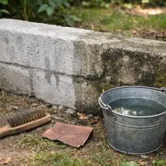 Narzędzia do czyszczenia: wiadro z wodą, szczotka i papier ścierny, gotowe do pracy, jak odnowić stary murek betonowy.