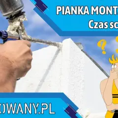 Zastanawiasz się, ile schnie pianka montażowa? Ręka z pistoletem aplikuje piankę na białą powierzchnię. Obok rysunkowa postać z pytajnikami nad głową.
