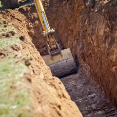 Koparka pogłębia wykop, przygotowując teren pod instalacje, uwzględniając **strefy przemarzania gruntu**.