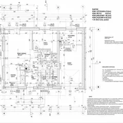 Fragment planu architektonicznego z zaznaczonymi pomieszczeniami, wymiarami i symbolami.