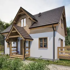 Uroczy dom 70m2, idealny na działkę rekreacyjną. Drewniane elementy i biała elewacja tworzą przytulny klimat.