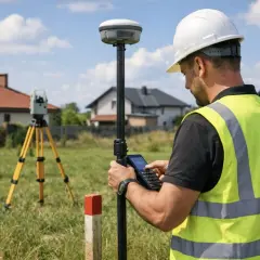 Geodeta z odbiornikiem GPS i tachimetrem na statywie wyznacza granice działki, sprawdzając minimalną powierzchnię działki budowlanej.