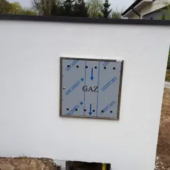 Metalowa skrzynka gazowa z napisem "GAZ" zamontowana na białej ścianie, obok niej rośnie młode drzewko.