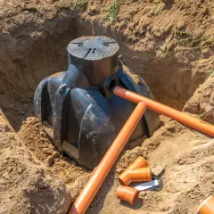 Instalacja zbiornika i rur do drenażu odwadniającego w wykopie. Widać czarny zbiornik i pomarańczowe rury.
