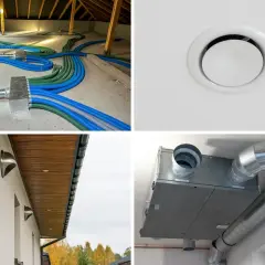 Instalacja wentylacyjna z rekuperatorem i gruntowy wymiennik ciepła. Widać kanały wentylacyjne, czerpnie i wyrzutnie powietrza.