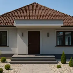 Nowoczesny dom z brązowym dachem i szarą elewacją. Przed wejściem schody i zadbany ogród z kamykami i krzewami.