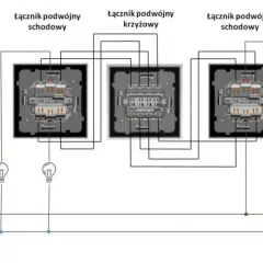 Schemat instalacji elektrycznej z łącznikiem krzyżowym. Pokazuje połączenia między dwoma łącznikami schodowymi a jednym krzyżowym, sterującymi dwoma żarówkami.