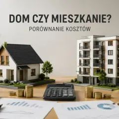 Porównanie kosztów: model domu i bloku mieszkalnego, kalkulator, monety i klucze. Które rozwiązanie wybrać: dom czy mieszkanie?
