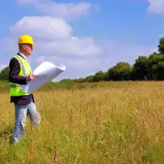 Inżynier w kasku i kamizelce odblaskowej analizuje plany podczas badań geotechnicznych gruntu na łące.