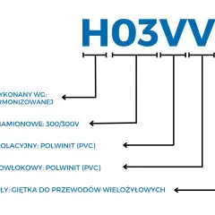 Jak czytać oznaczenia kabli: H03VV-F to przewód harmonizowany, 300/300V, z izolacją i powłoką PVC, giętki.