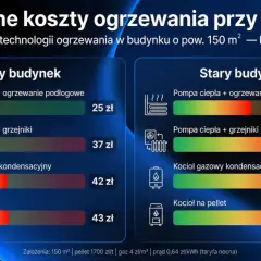 Porównanie dziennych kosztów ogrzewania przy -10°C dla budynku 150 m². Jakie ogrzewanie do domu wybrać? Pompa ciepła z podłogówką najtańsza.