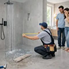 Monter mierzy prysznic walk-in, a para z niepokojem obserwuje, jak woda chlapanie na podłogę.