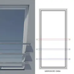 Widok okna z trzema wspornikami do mocowania balustrady od czoła. Obok schemat montażu.
