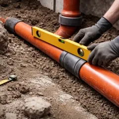 Ręce w rękawiczkach sprawdzają poziomą linię rury pomarańczowej za pomocą poziomicy. Kluczowy jest minimalny spadek dla rury 50, aby zapewnić prawidłowy przepływ.