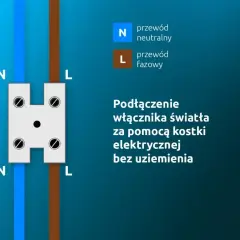 Schemat podłączenia włącznika światła. Przewód neutralny (N) i fazowy (L) podłączone do kostki elektrycznej.