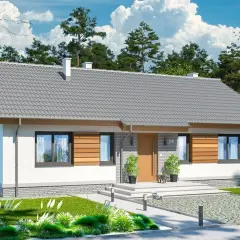 Nowoczesny dom jednorodzinny, projekt Aster, z szarym dachem, białymi ścianami i drewnianymi elementami. Otoczony zielenią.