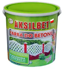 Jaka farba do betonu na zewnątrz? Pojemnik farby Aksamit do malowania i renowacji powierzchni betonowych, z widokiem na biały, ażurowy płotek.