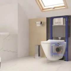 Nowoczesny wc w rogu łazienki, z ukrytym stelażem i spłuczką. Obok szczotka i uchwyt na papier.