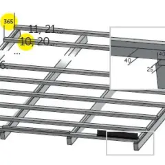 Schemat rozstawu łat pod blachodachówkę modułową. Wymiary: 350 mm, 365 mm, 10-20 mm, 11-21 mm. Detal połączenia łat.