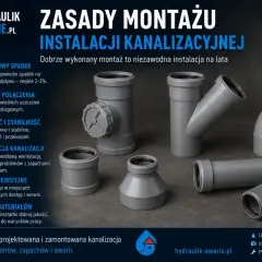Elementy instalacji kanalizacyjnej, w tym rury i kształtki, z naciskiem na prawidłowy spadek rury odpływowej WC.