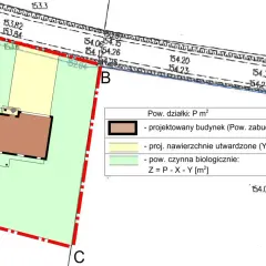 Plan działki z zaznaczonym projektowanym budynkiem i nawierzchniami utwardzonymi, jako przykładowe warunki zabudowy.