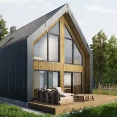 Nowoczesny domek z drewnianymi elementami i dużymi oknami. Czy na działce rolnej można postawić domek do 70m2?