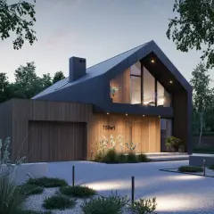 Nowoczesny projekt domu z garażem, z drewnianą elewacją i dużymi przeszkleniami, otoczony drzewami.