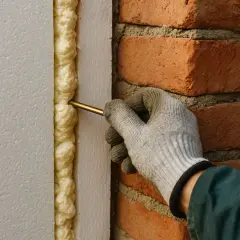 Ręka w rękawicy aplikuje piankę montażową do szczeliny między styropianem a ceglanym murem, zapewniając izolację.