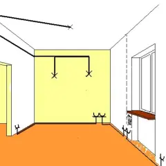 Schemat instalacji elektrycznej samemu: przewody na suficie, ścianach i podłodze, gniazdka i punkty świetlne.