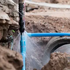 Awaria przyłącza wody do działki bez domu. Woda tryska z niebieskiej rury, tworząc fontannę.