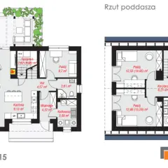 Rzuty parteru i poddasza domu w wisteriach 15. Widoczne salon, kuchnia, sypialnie, łazienka i garderoba.
