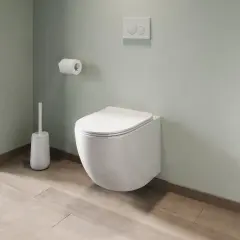 Nowoczesna łazienka z miską WC wiszącą na ścianie, z ukrytym mocowaniem. Obok szczotka i uchwyt na papier.