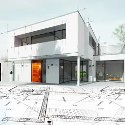 Projekt nowoczesnego domu z planami architektonicznymi. Widać garaż, drzwi wejściowe i taras. To wizualizacja tego, co musi być zrobione do odbioru domu.