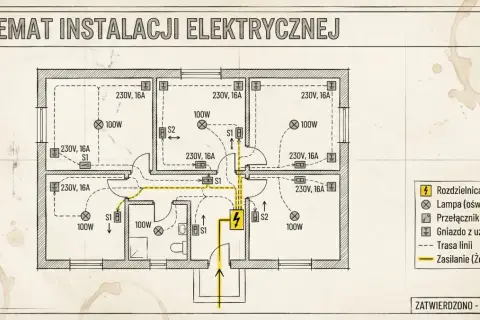 Schemat instalacji elektrycznej mieszkania z oznaczeniami gniazd, lamp, przełączników i zasilania.