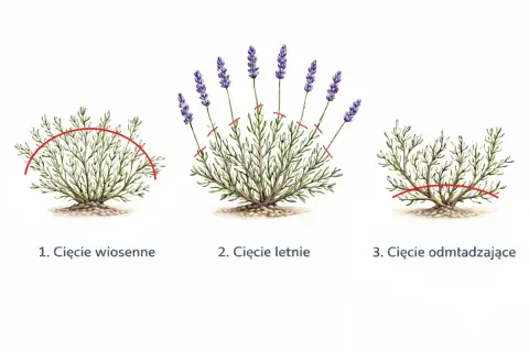 Ilustracja pokazuje trzy sposoby przycinania lawendy: wiosenne cięcie kształtujące, letnie cięcie kwiatów i odmładzające cięcie.