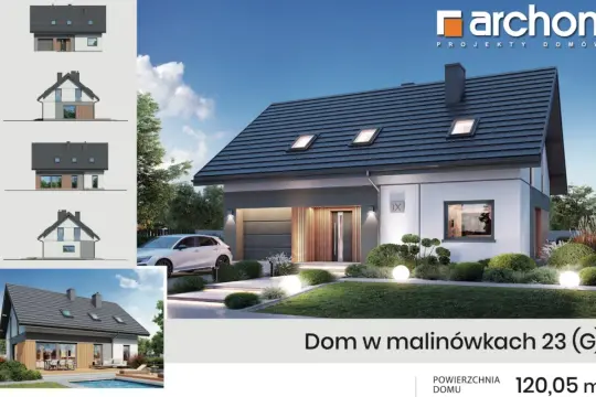 Nowoczesny dom w malinówkach 23 (G) z garażem, tarasem i basenem. Projekt Archon.