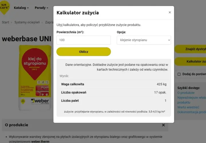 Kalkulator zużycia kleju do siatki na m2 pokazuje, że na 100 m² potrzeba 425 kg produktu, czyli 17 opakowań.