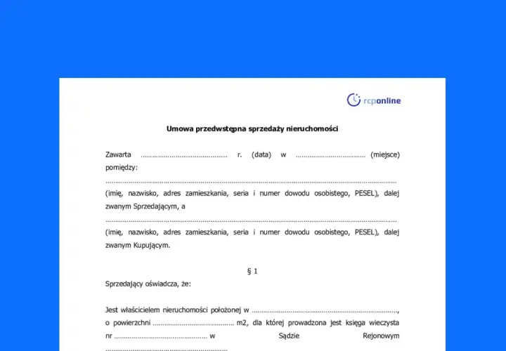 Umowa przedwstępna sprzedaży nieruchomości z zadatkiem. Dokument zawiera dane sprzedającego i kupującego oraz informacje o nieruchomości.