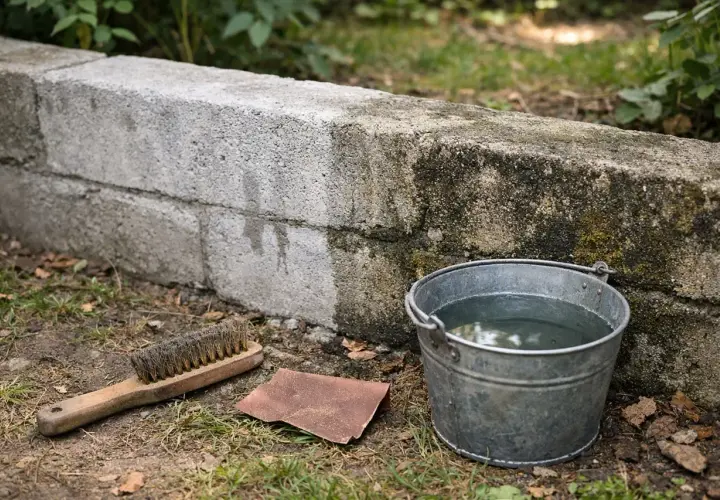 Narzędzia do czyszczenia: wiadro z wodą, szczotka i papier ścierny, gotowe do pracy, jak odnowić stary murek betonowy.
