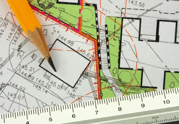 Ołówek i linijka na mapie geodezyjnej. Plan działki z wymiarami, pomocny, jak znaleźć działkę po numerze.