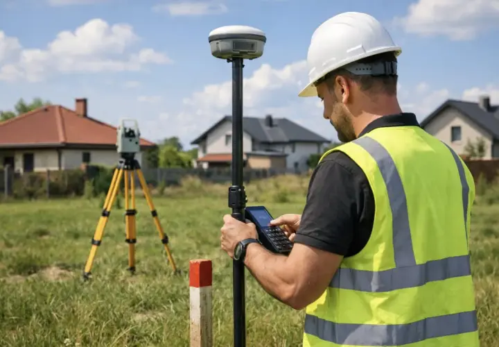 Geodeta z odbiornikiem GPS i tachimetrem na statywie wyznacza granice działki, sprawdzając minimalną powierzchnię działki budowlanej.