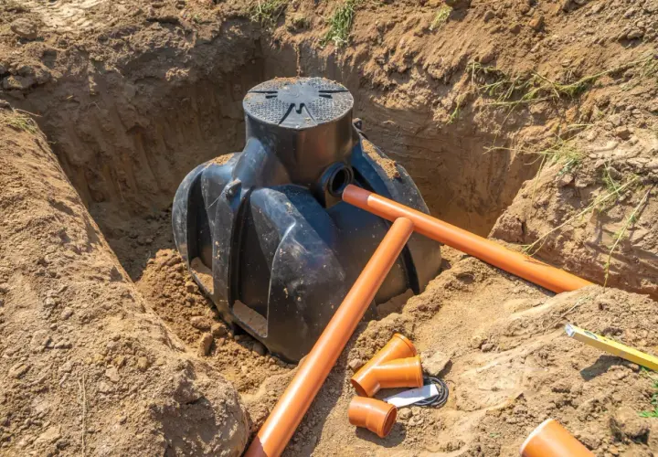 Instalacja zbiornika i rur do drenażu odwadniającego w wykopie. Widać czarny zbiornik i pomarańczowe rury.