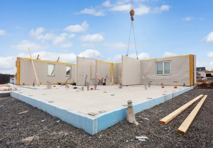 Budowa domu z prefabrykatów. Na placu budowy widać fundamenty, ściany z oknami i instalacjami, a nad nimi uniesiony element przez dźwig. Czy to keramzyt?