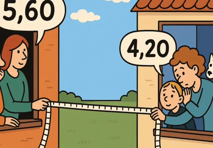 Sąsiedzi mierzą odległość okna od granicy działki. Jeden mówi "5,60", drugi "4,20".