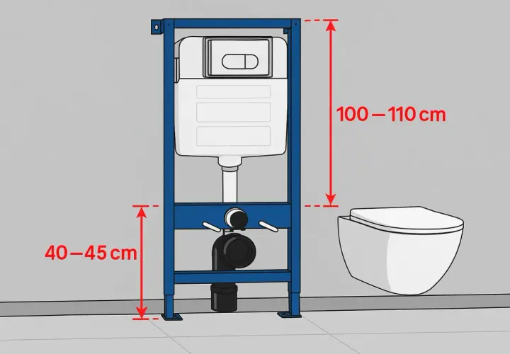Schemat instalacji podtynkowej WC. Wymiary: 100-110 cm wysokości stelaża, 40-45 cm od podłogi do dolnej części stelaża. To pokazuje, ile miejsca na WC potrzebujesz.