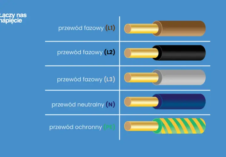 Przewody elektryczne: fazowe (L1, L2, L3) brązowy, czarny, szary; neutralny (N) niebieski; ochronny (PE) żółto-zielony.