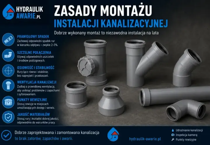 Elementy instalacji kanalizacyjnej, w tym rury i kształtki, z naciskiem na prawidłowy spadek rury odpływowej WC.